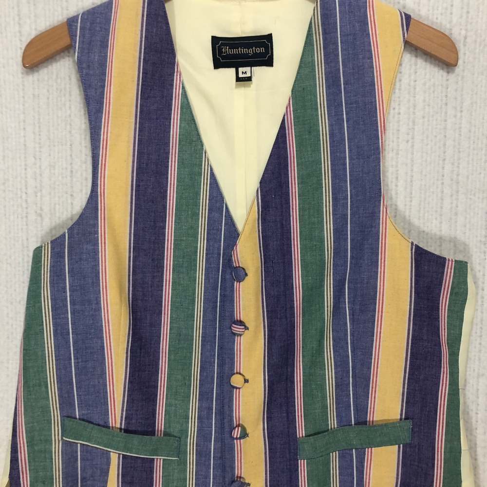 Huntington Mens Multi Color Vertical Stripe Button Front Vest Waistcoat Size M
